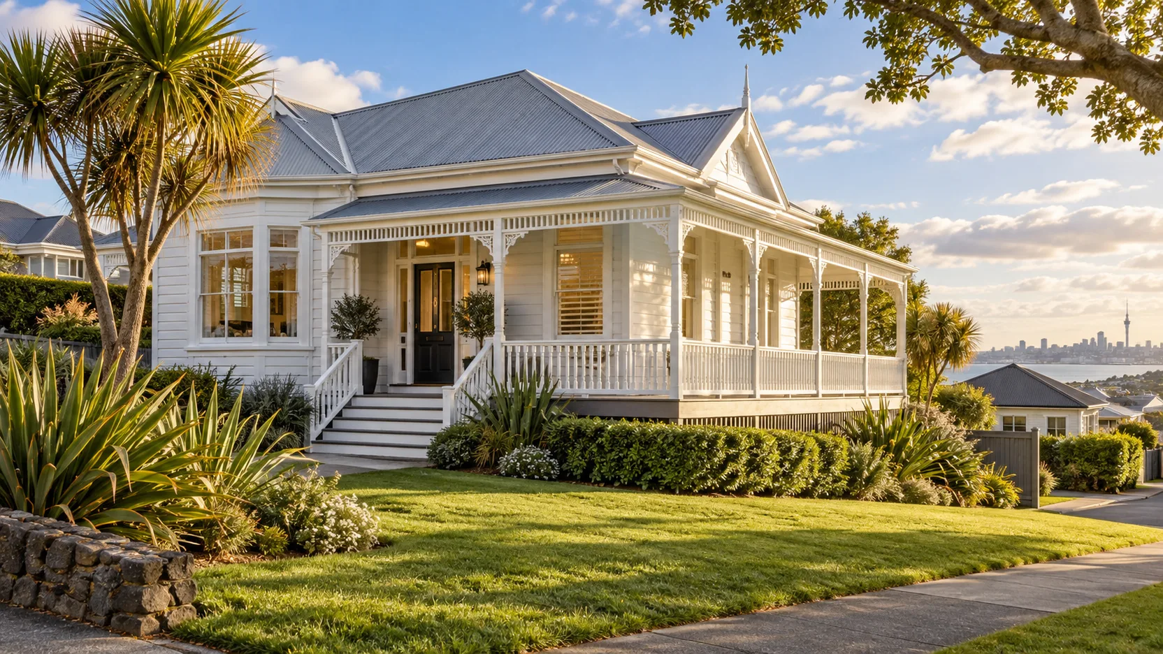 Renovated white New Zealand villa with timber veranda in Auckland