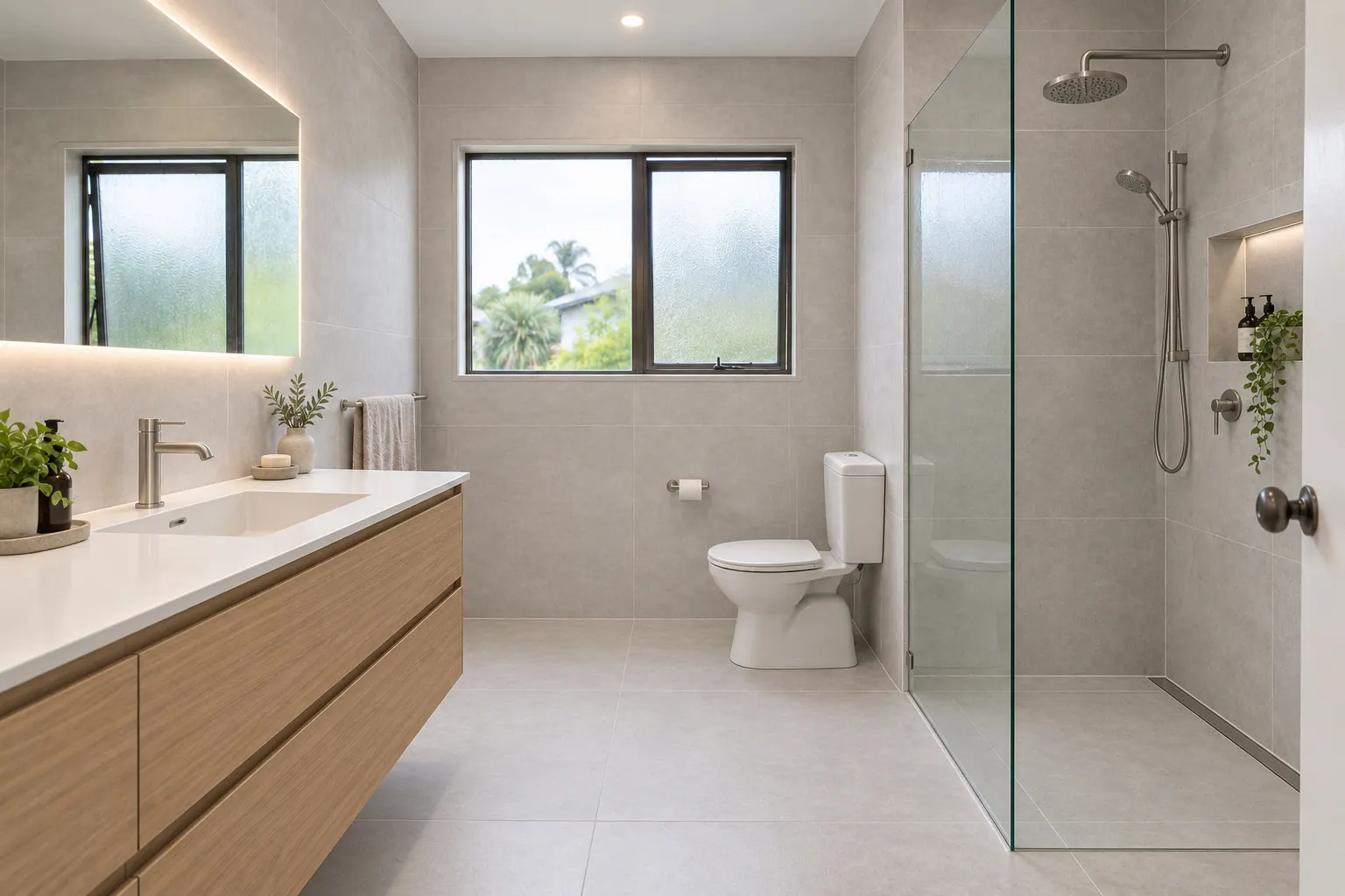 Modern renovated bathroom with walk-in shower