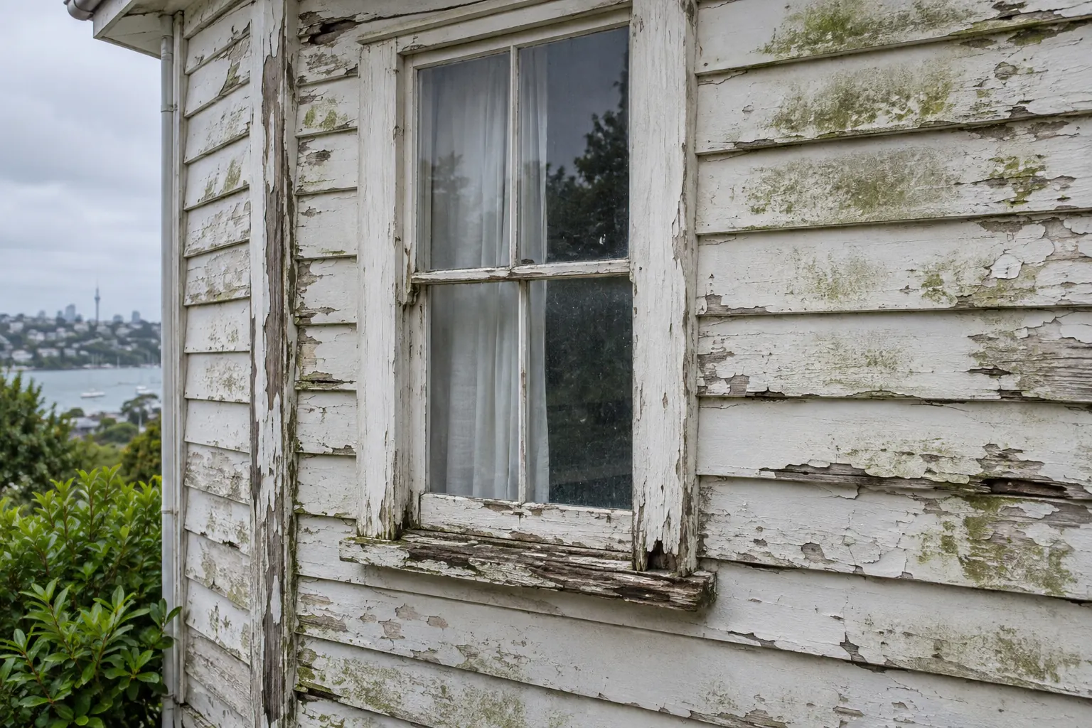 Weatherboard wall before repair — peeling paint and rotted boards