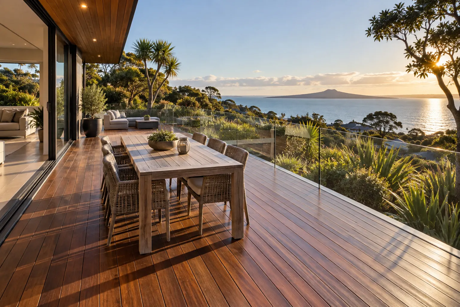 Large kwila hardwood deck with glass balustrade