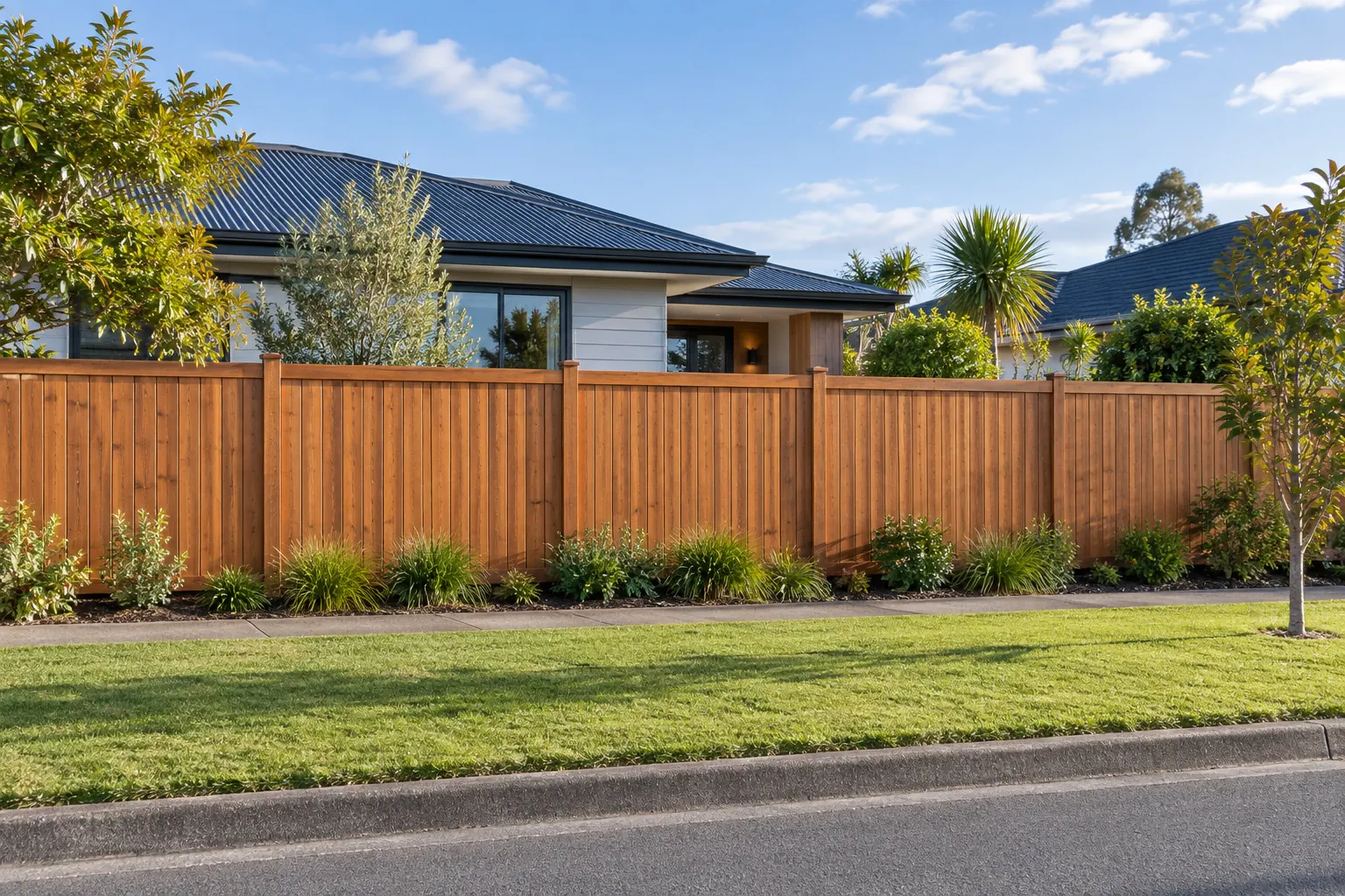 Traditional New Zealand timber paling fence, freshly stained
