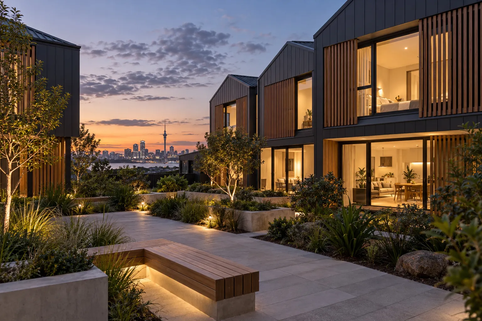 Townhouse courtyard at dusk